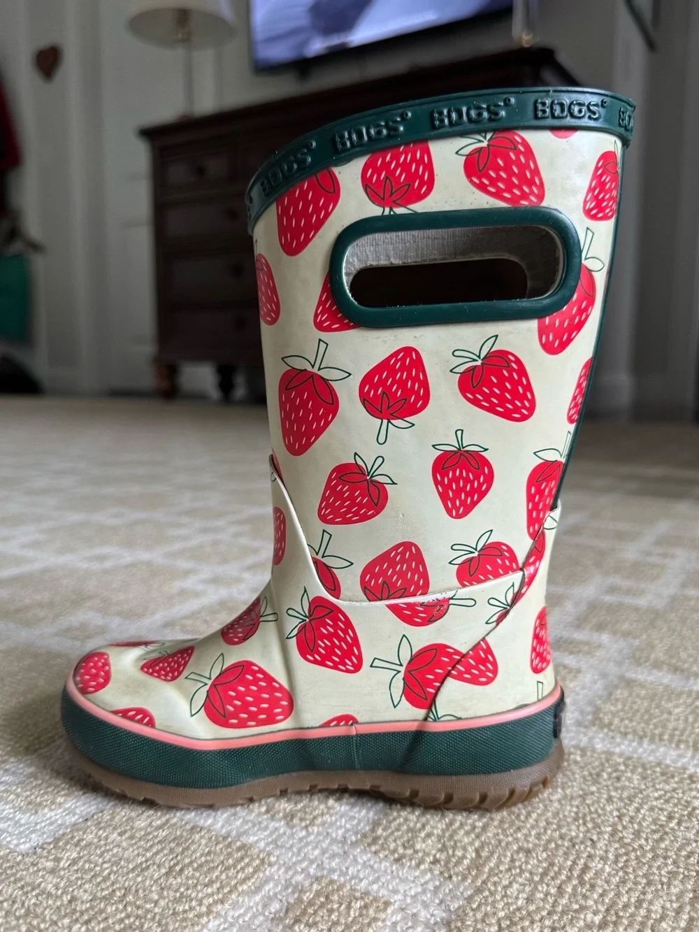 BOGS Kids Skipper II Waterproof Rain Boots Cream Red Strawberry Print Girls 8